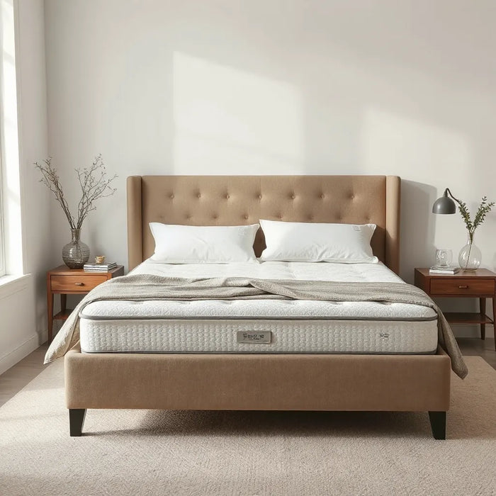 Luxurious bed with a premium upholstered mattress and neatly styled bedding in soft natural light