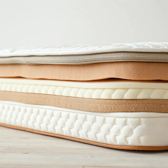 Layered mattress foam showing different responsive cushioning zones under soft studio lighting