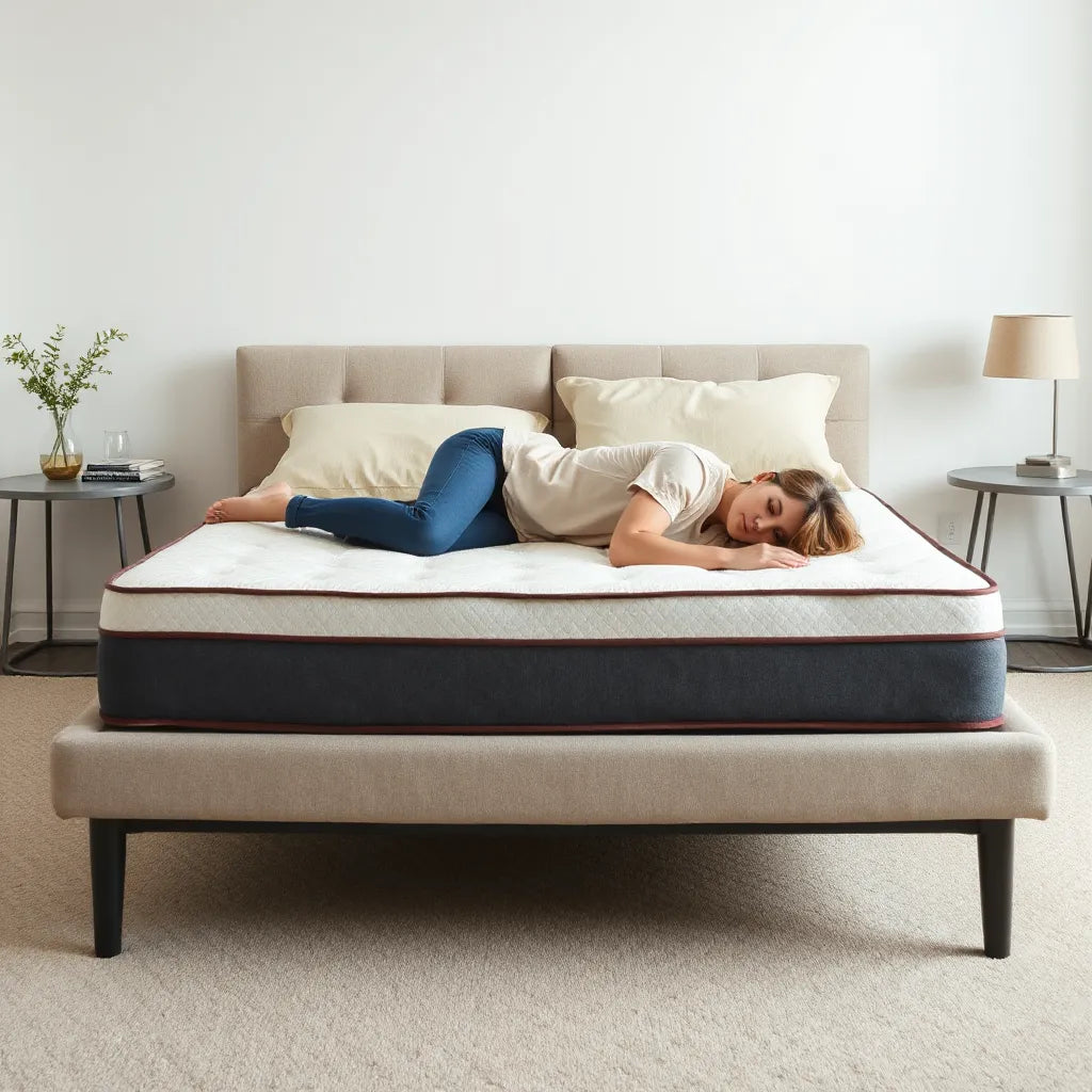 Person lying face-down on a modern mattress with relaxed posture and neutral alignment