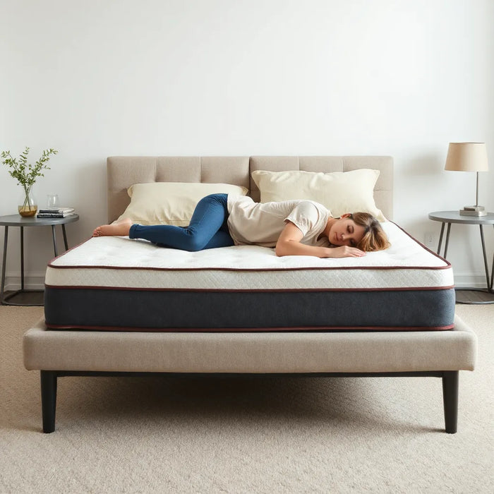 Person lying face-down on a modern mattress with relaxed posture and neutral alignment