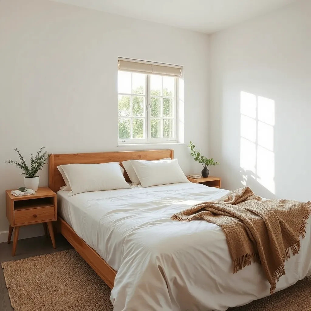 Neatly made bed with natural-fiber mattress and organic cotton bedding in a bright, calm bedroom