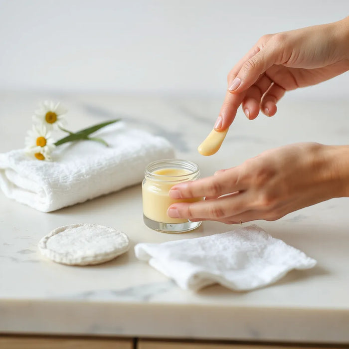 A hand applies a creamy skin soothing balm beside a balm jar and cotton pad on a clean vanity