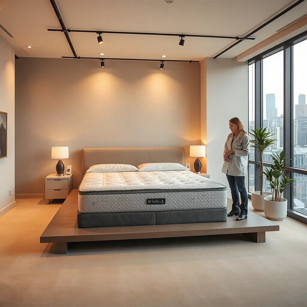 Customer and sleep specialist reviewing mattresses in a modern Midtown NYC showroom