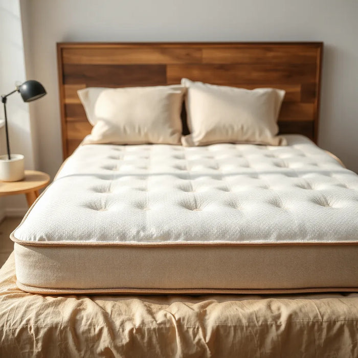 Neatly made bed with natural-fiber certified organic mattress and organic cotton bedding in soft morning light