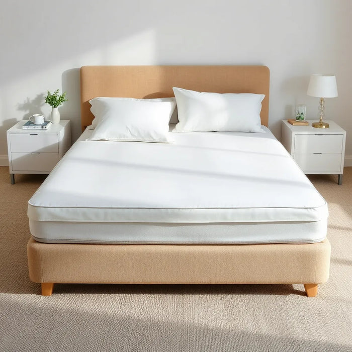 Neatly fitted mattress protector cover on a made bed in soft daylight, with a visible zipped edge
