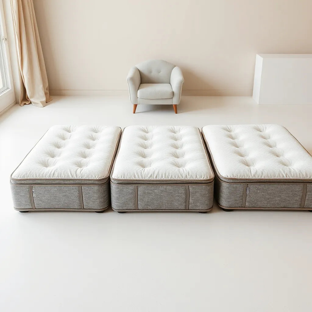 Side-by-side mattresses with different comfort textures arranged in a clean studio setting