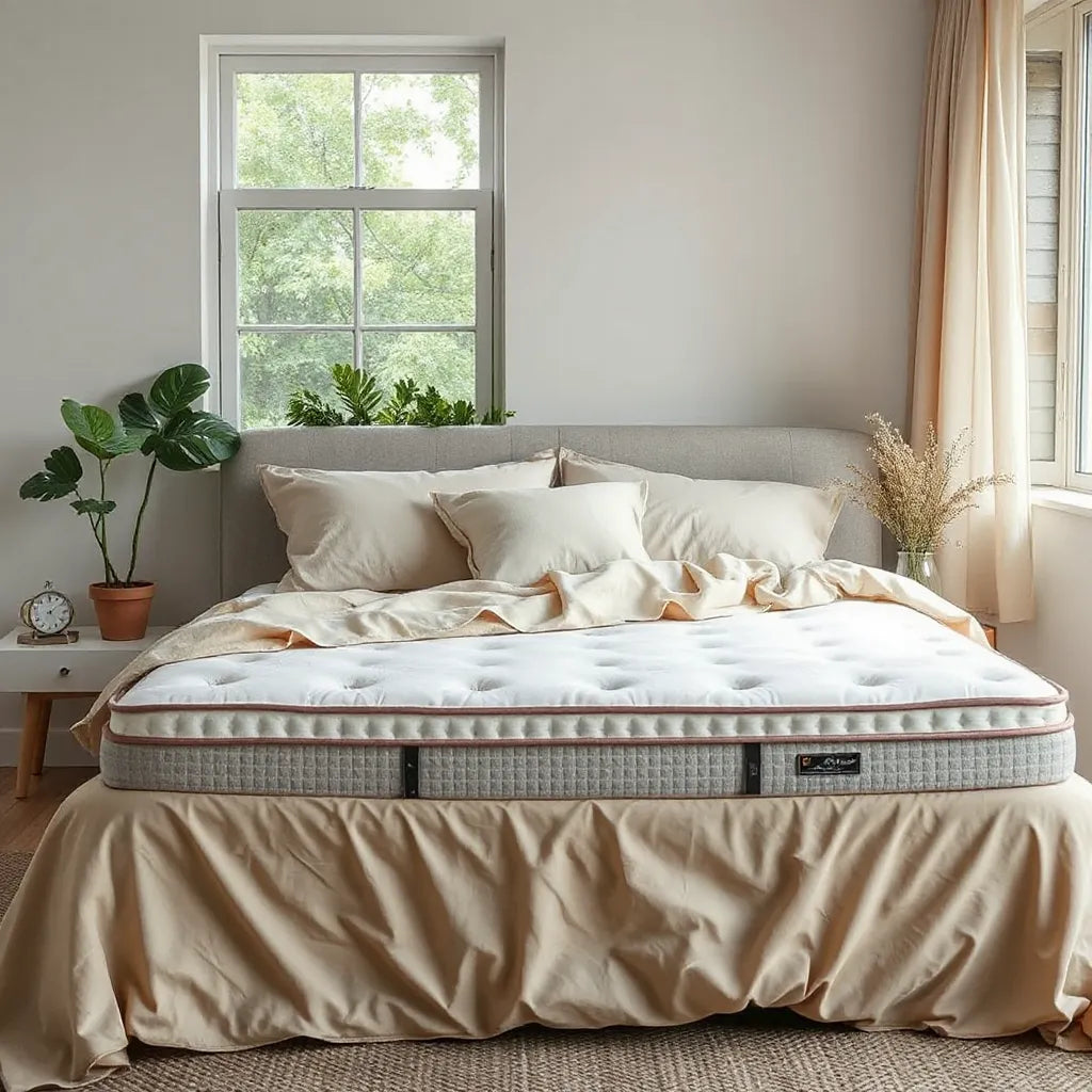 Neatly made bed with natural organic mattress and soft neutral bedding in a bright New York bedroom