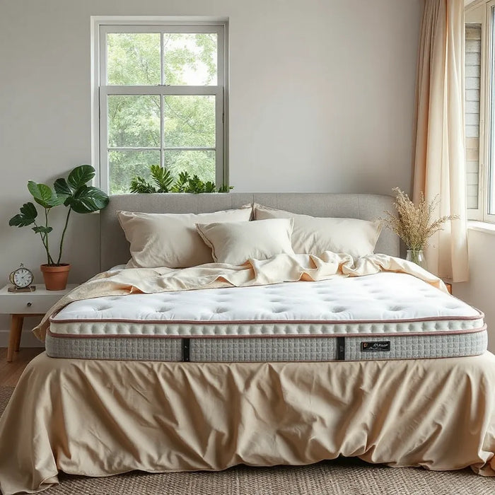Neatly made bed with natural organic mattress and soft neutral bedding in a bright New York bedroom