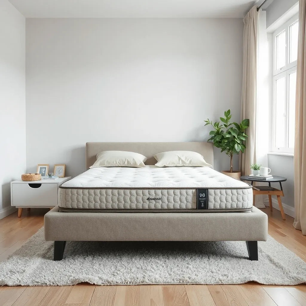 Neatly made bed with a premium mattress and soft neutral bedding under natural light
