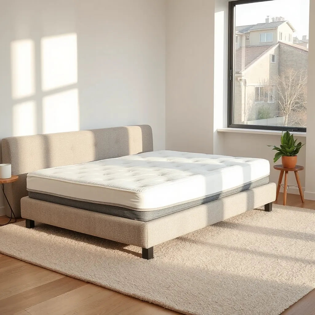 High-density foam mattress on a bed with neutral bedding and soft natural light
