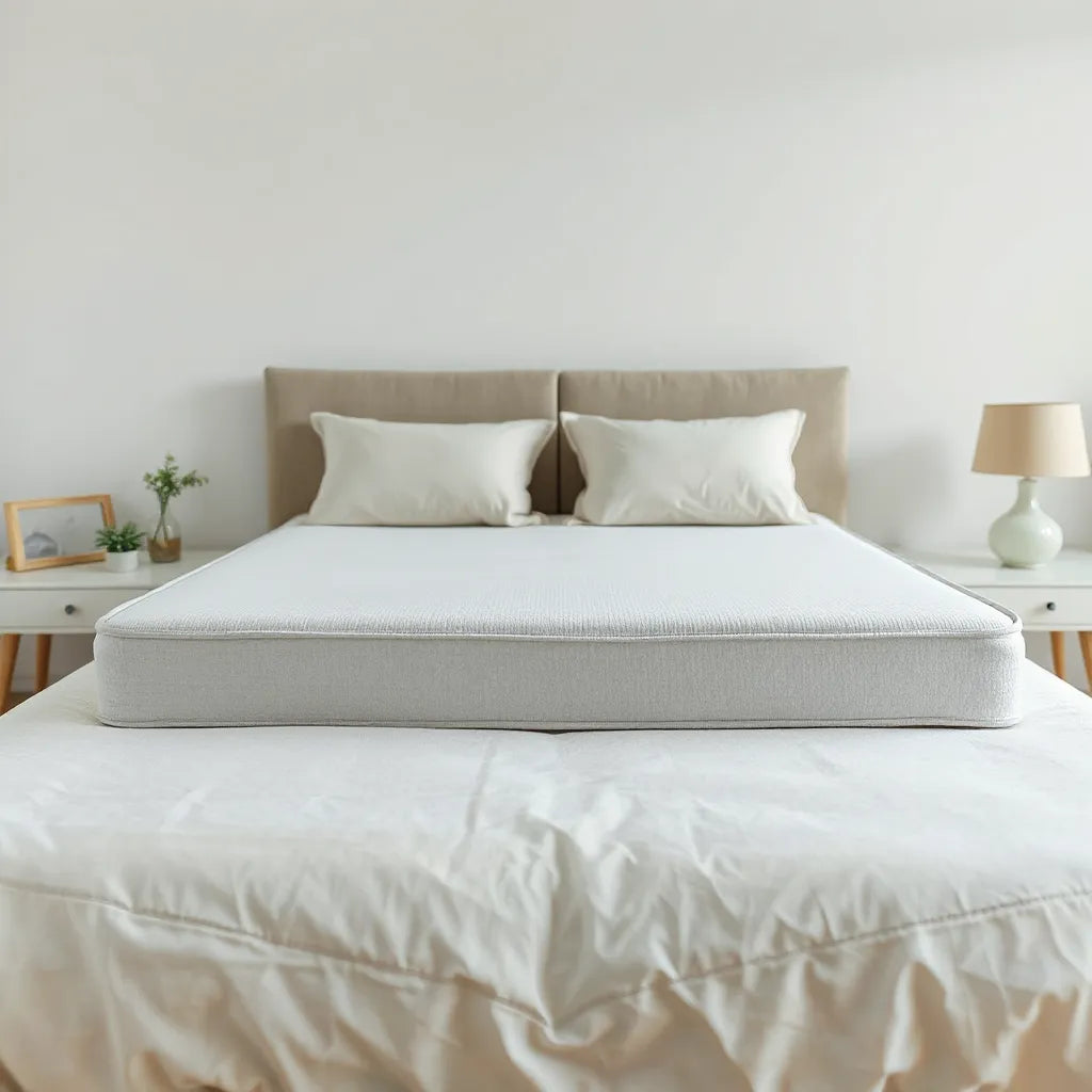 Neatly fitted queen mattress cover on a made bed with soft neutral bedding
