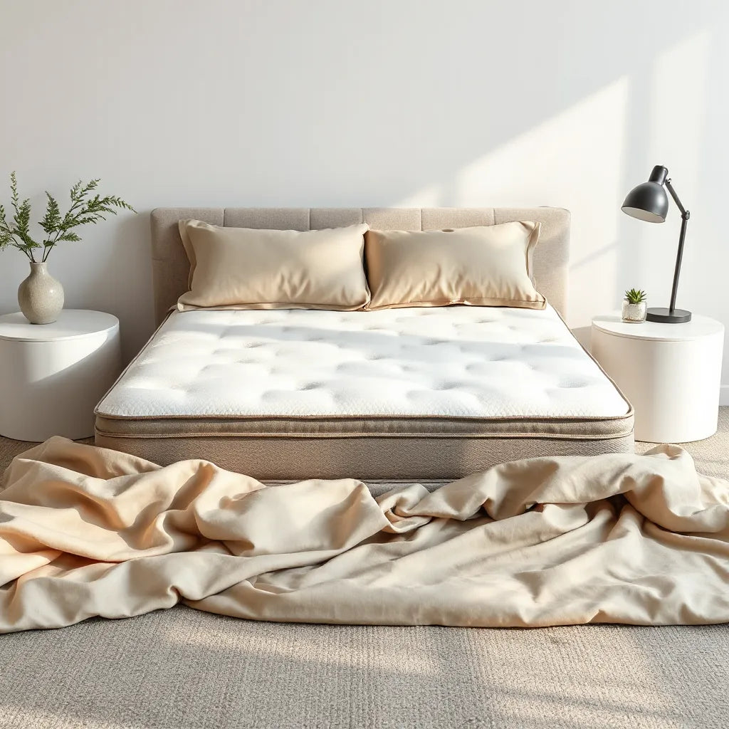 Neatly made bed with a medium-support mattress surface under soft natural light