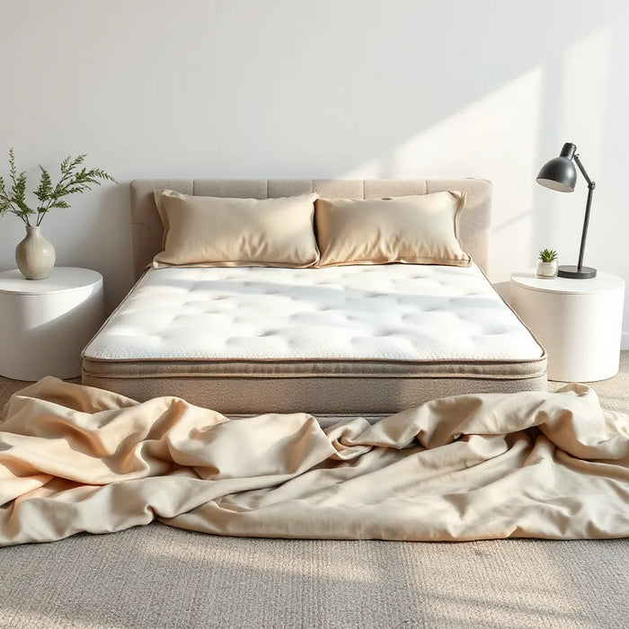 Neatly made bed with a medium-support mattress surface under soft natural light