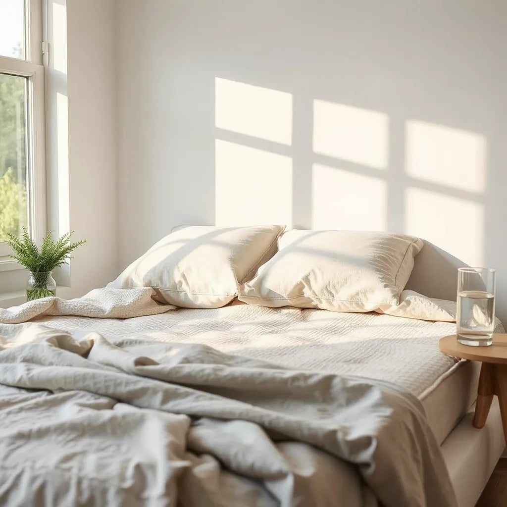 Neatly made bed with plush pillows and breathable bedding in a calm, sunlit bedroom