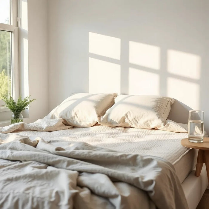 Neatly made bed with plush pillows and breathable bedding in a calm, sunlit bedroom