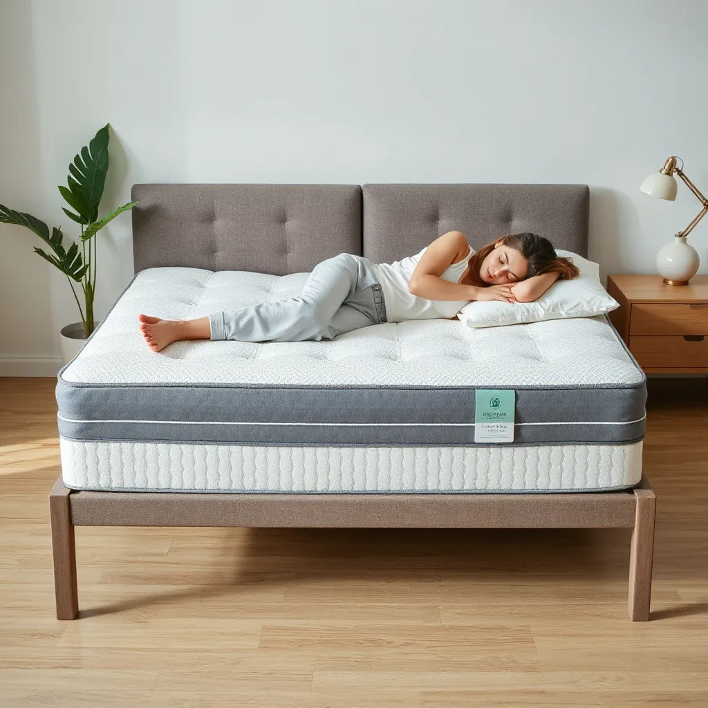 Side sleeper resting on a hybrid mattress with layered comfort and supportive structure