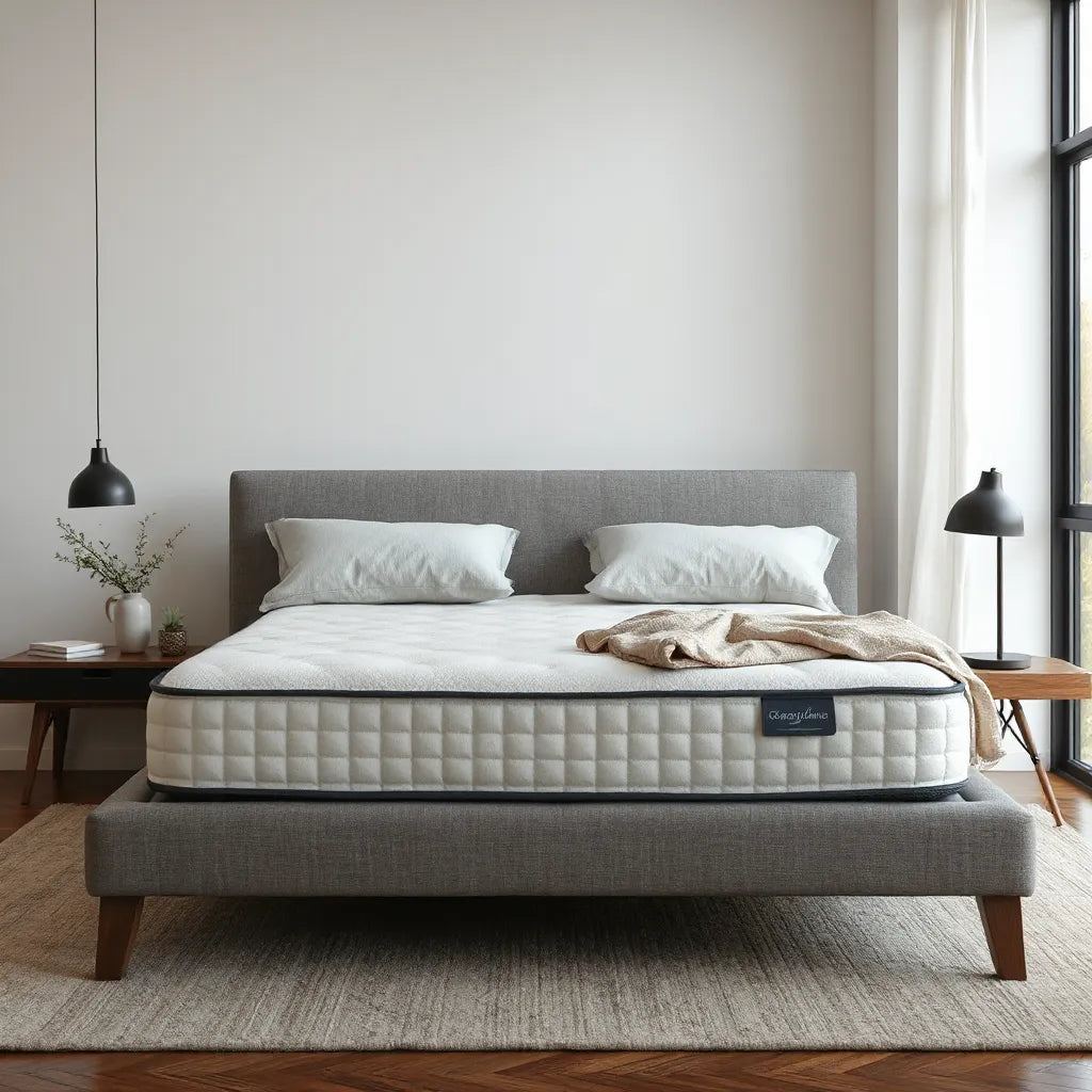 Premium bed with neutral bedding and soft natural light, featuring a layered mattress comfort look