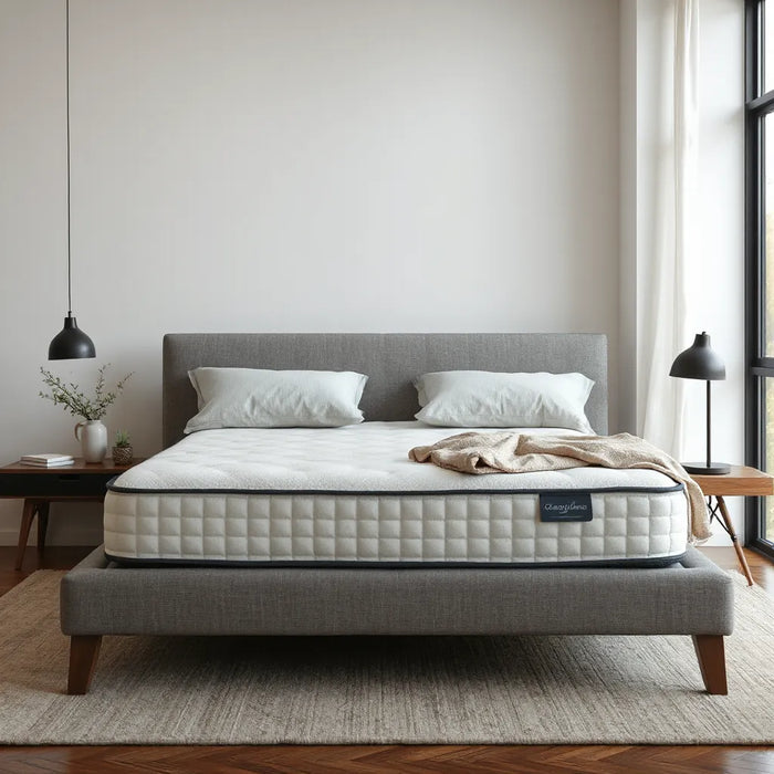 Premium bed with neutral bedding and soft natural light, featuring a layered mattress comfort look