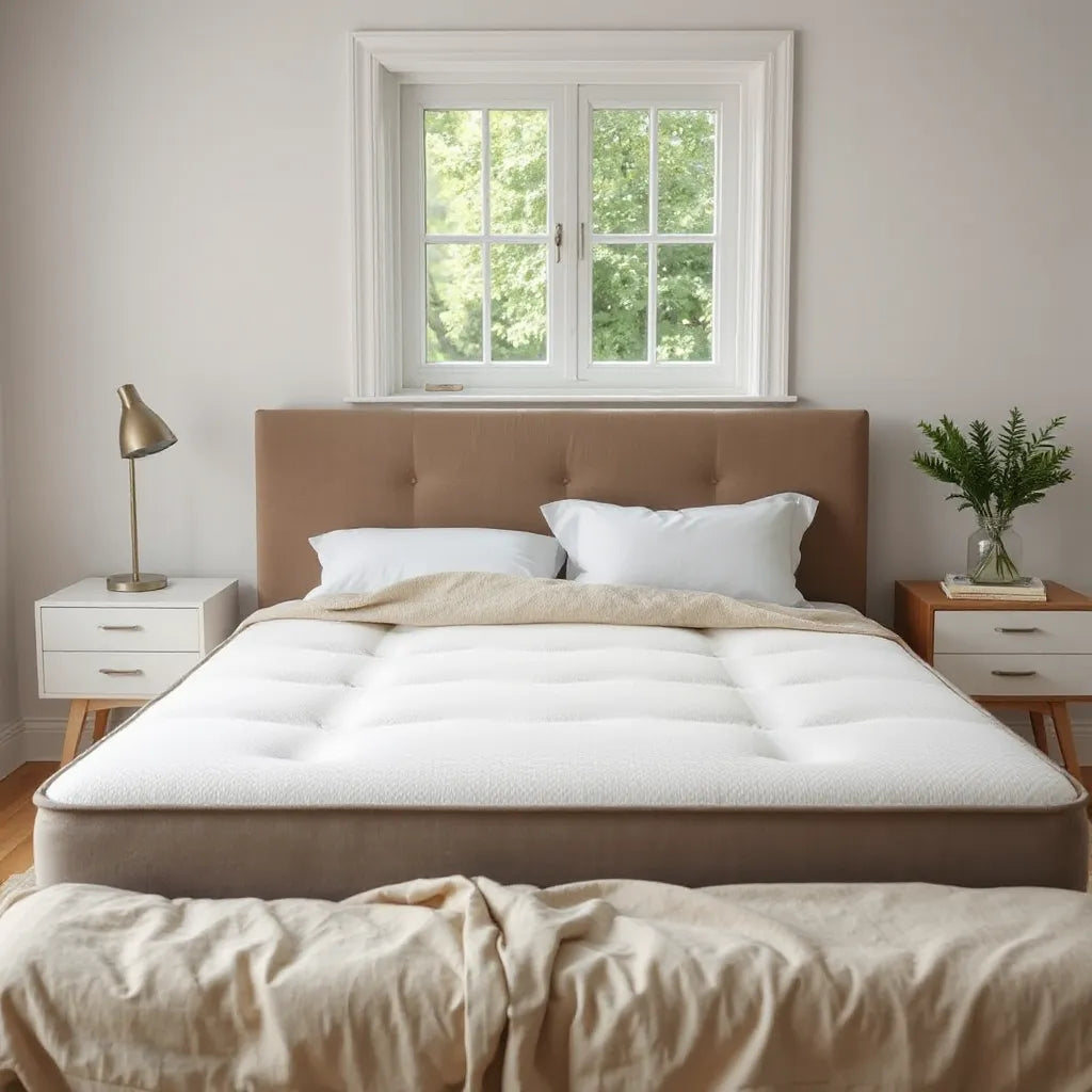Zoned support mattress on a made bed, showing comfort zones across head, shoulders, hips, and legs