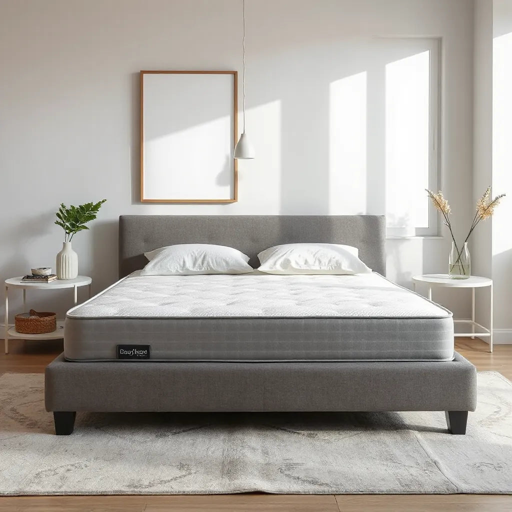 Neatly made bed with a firm-looking mattress emphasizing supportive comfort and spinal alignment