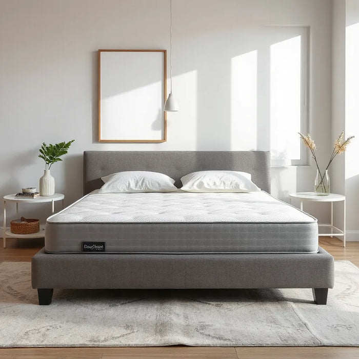 Neatly made bed with a firm-looking mattress emphasizing supportive comfort and spinal alignment