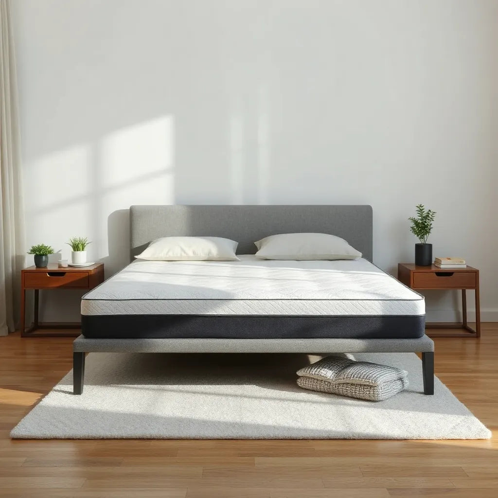 Memory foam mattress on a modern bed with neutral bedding and natural light in a minimal bedroom