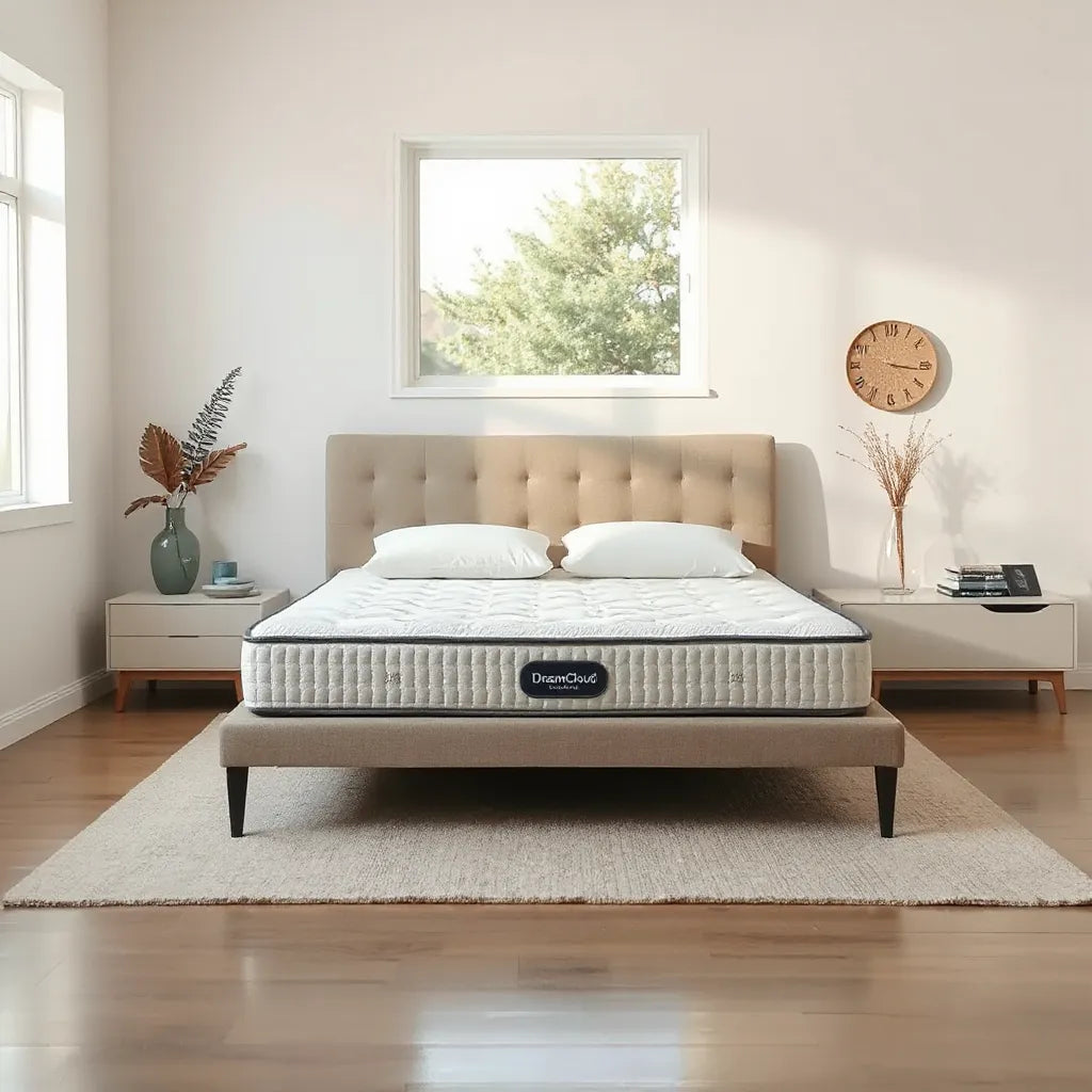 Neatly made bed with a premium DreamCloud mattress under soft natural light