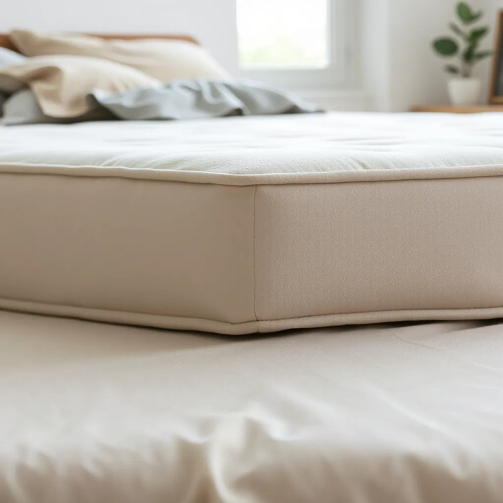 Neatly made bed showing a breathable, smooth mattress cover with visible fabric texture in natural light