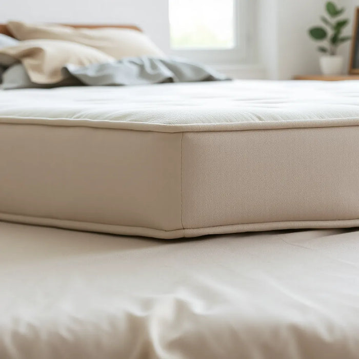 Neatly made bed showing a breathable, smooth mattress cover with visible fabric texture in natural light