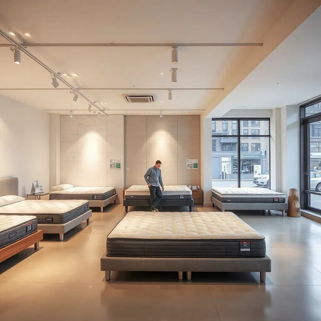 Modern mattress showroom interior with display beds and a shopper receiving help near large windows
