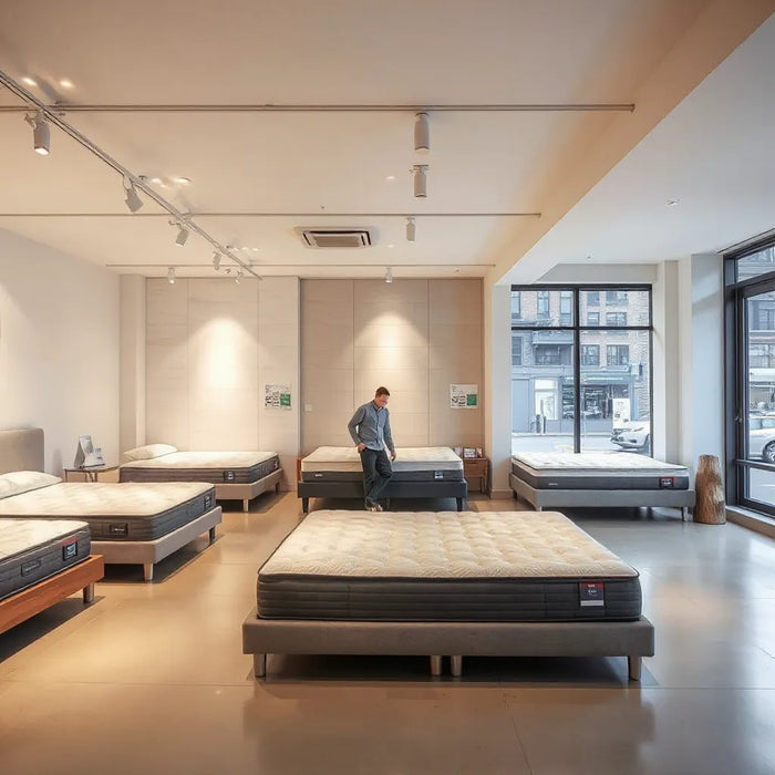 Modern mattress showroom interior with display beds and a shopper receiving help near large windows
