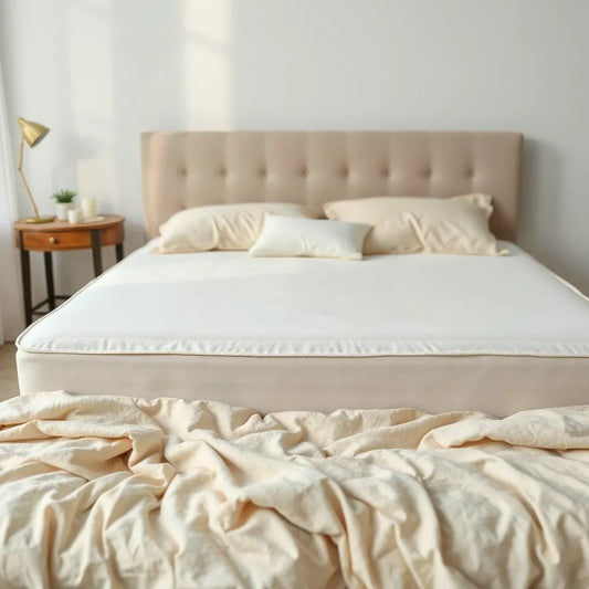 Water resistant mattress cover fitted over a neatly made bed with soft neutral bedding and natural light