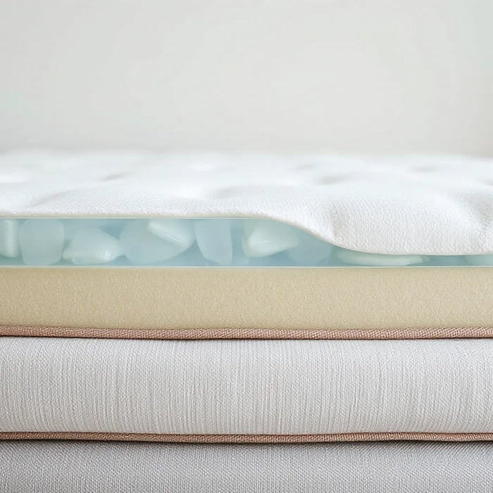 Layered cooling gel memory foam with a softly contoured surface under neutral light