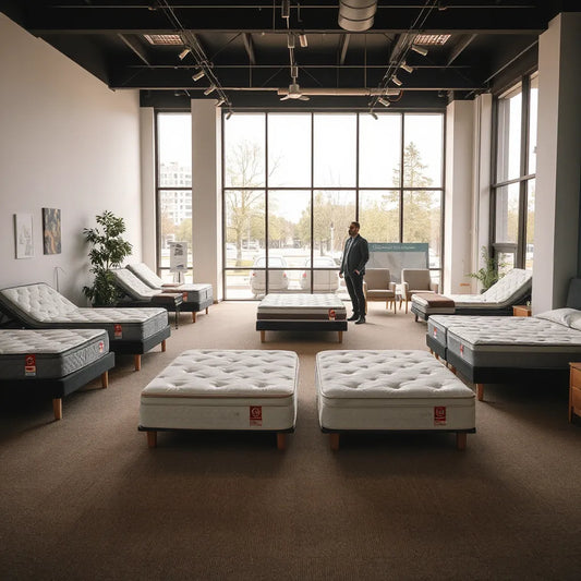 Bright mattress showroom with neatly displayed beds and a customer ready to test comfort
