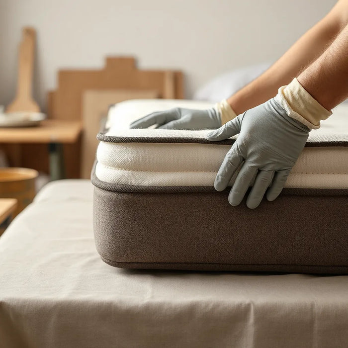 Artisan hands adjusting visible stitching on a hand-finished mattress in a clean workshop