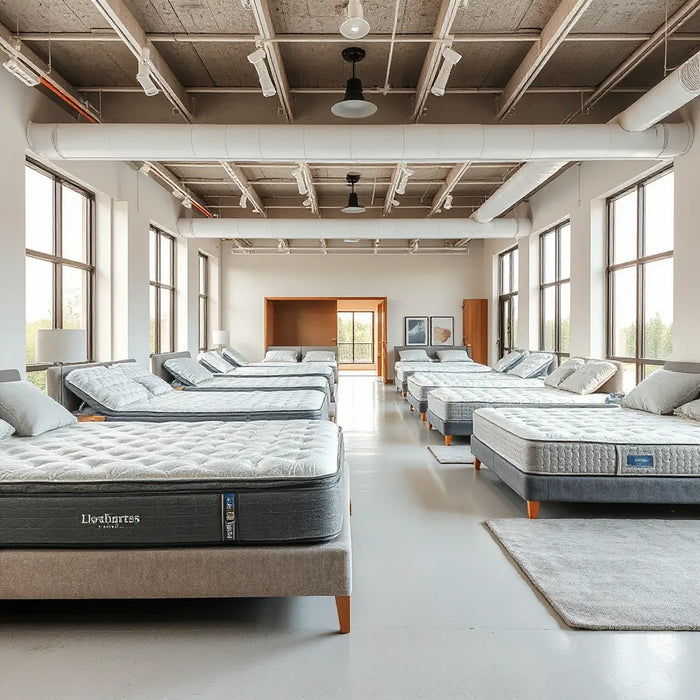 Bright modern mattress showroom with multiple displayed beds and neutral bedding under soft lighting