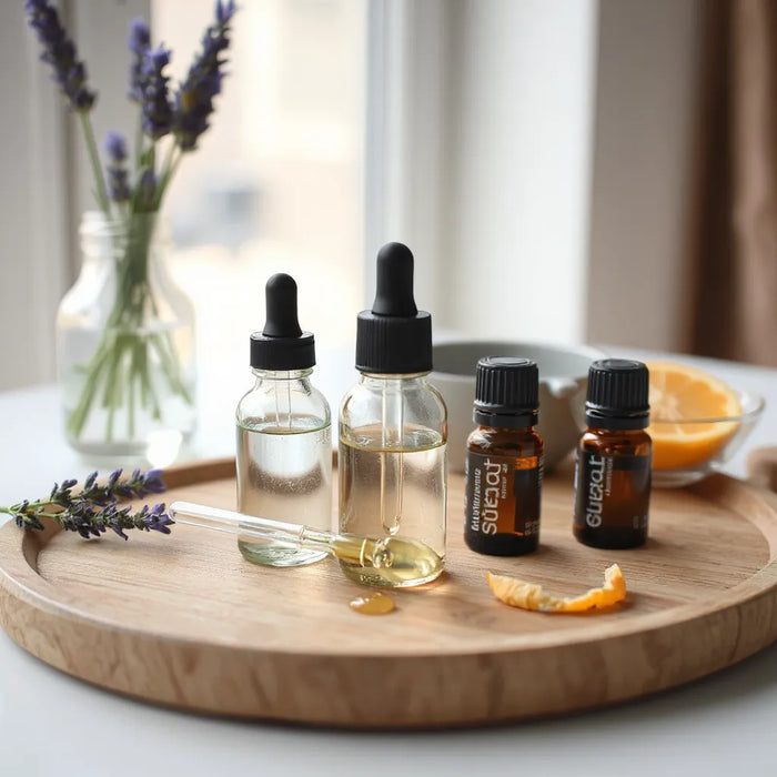 Essential oil bottles and droppers on a wooden tray with a few drops of oil