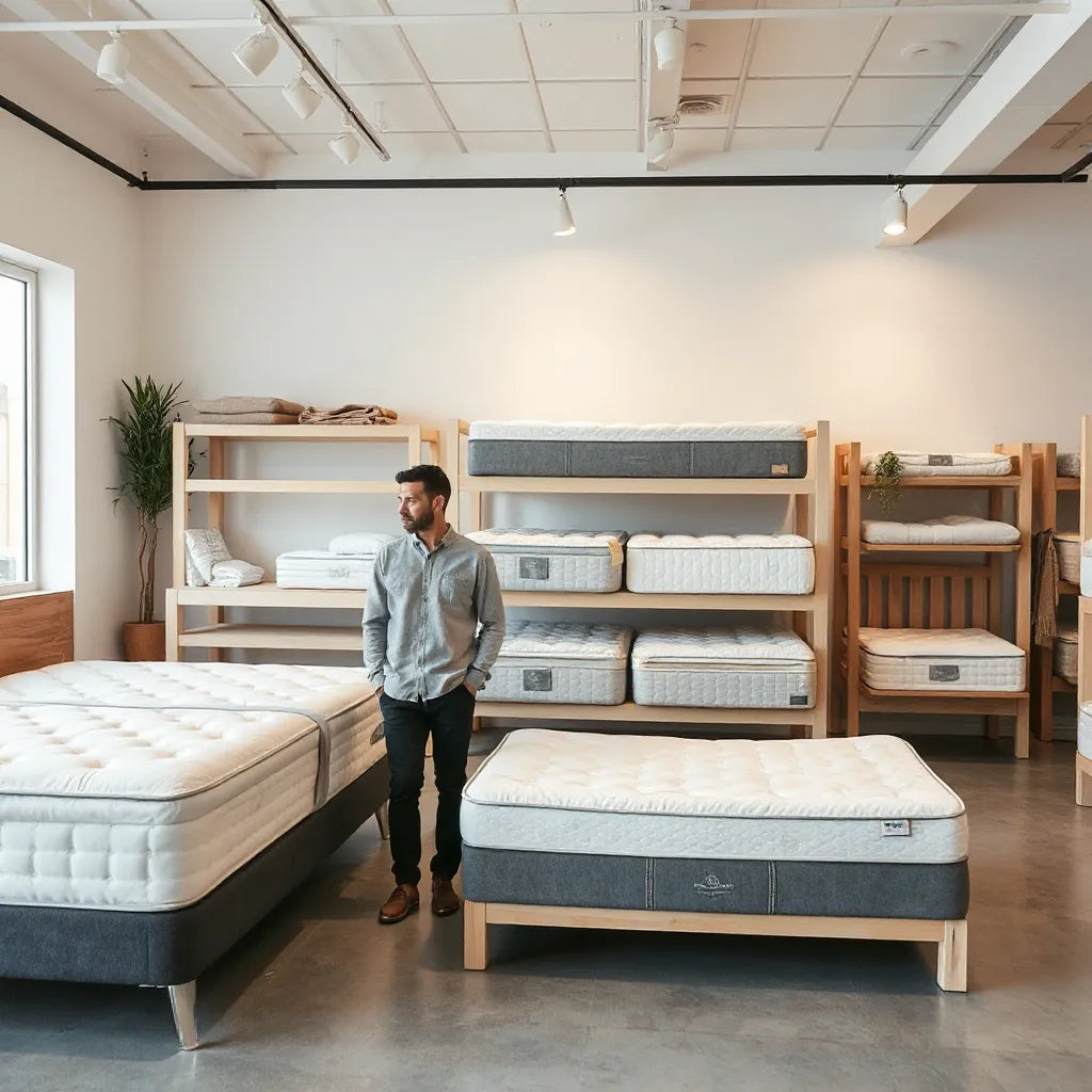 Person comparing mattress options in a modern showroom with neat displays and neutral decor