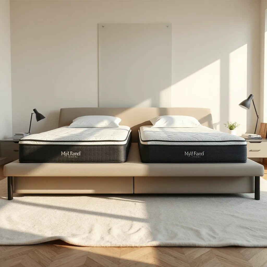 Two modern hybrid mattresses on a minimalist bed setup with soft lighting and subtle support details