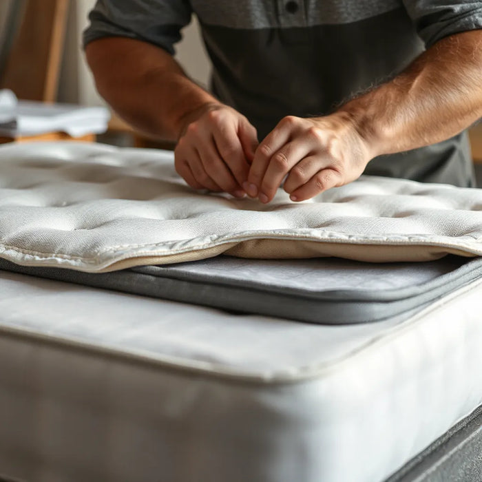 Hands stitching a handcrafted mattress cover with visible layered fabric in a clean workshop