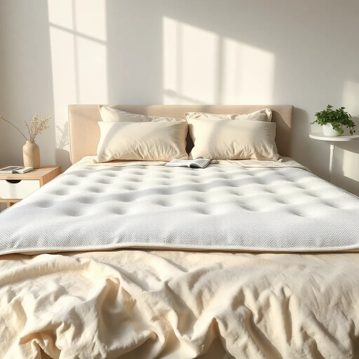 Neatly made bed with a breathable mattress cover showing a light, airy fabric texture in natural daylight