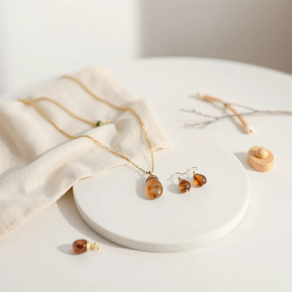 Delicate handmade necklace and matching earrings with natural stones on a simple linen cloth