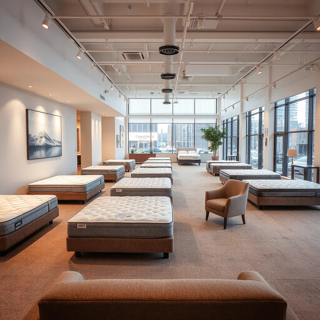 Bright Midtown-style mattress showroom with neatly displayed beds and a comfortable seating area