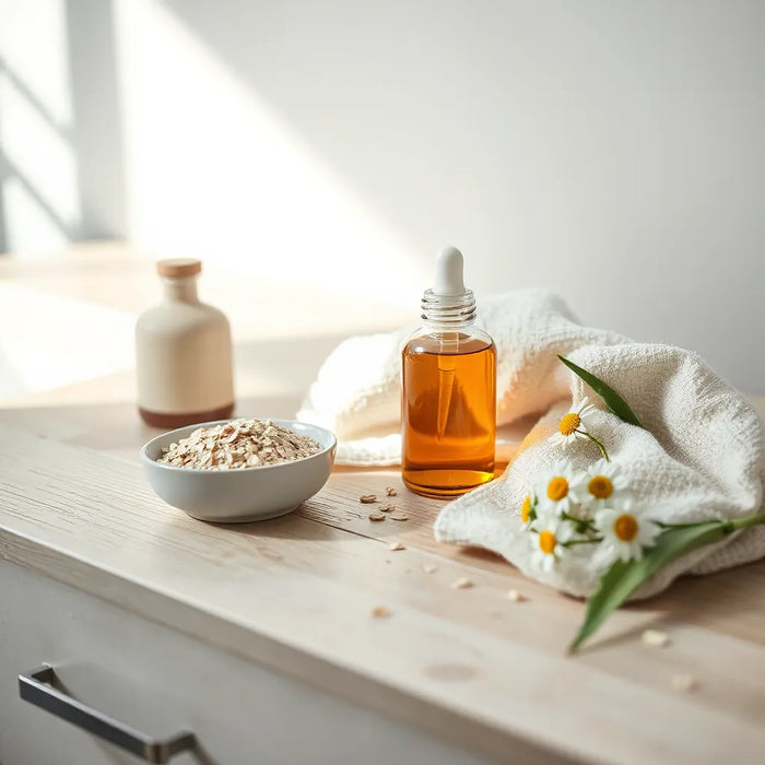 Amber dropper bottle and natural botanicals on a clean vanity with a soft towel