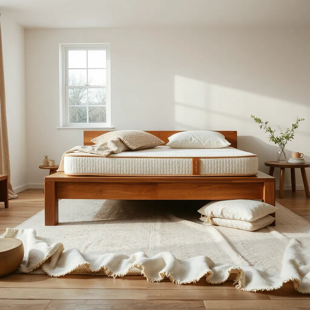 Luxury organic mattress with natural cotton bedding on a wooden bed in a bright, minimal bedroom