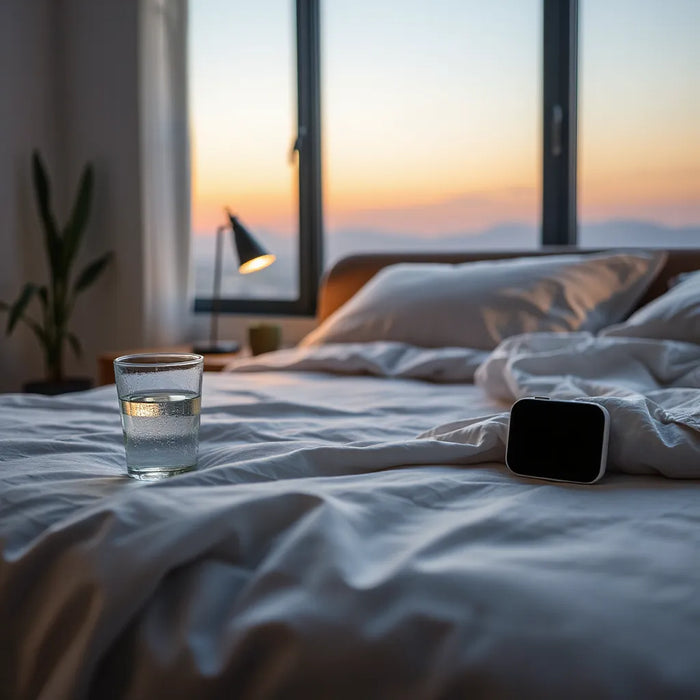 Neatly made bed with warm bedside lamp and simple nighttime routine items