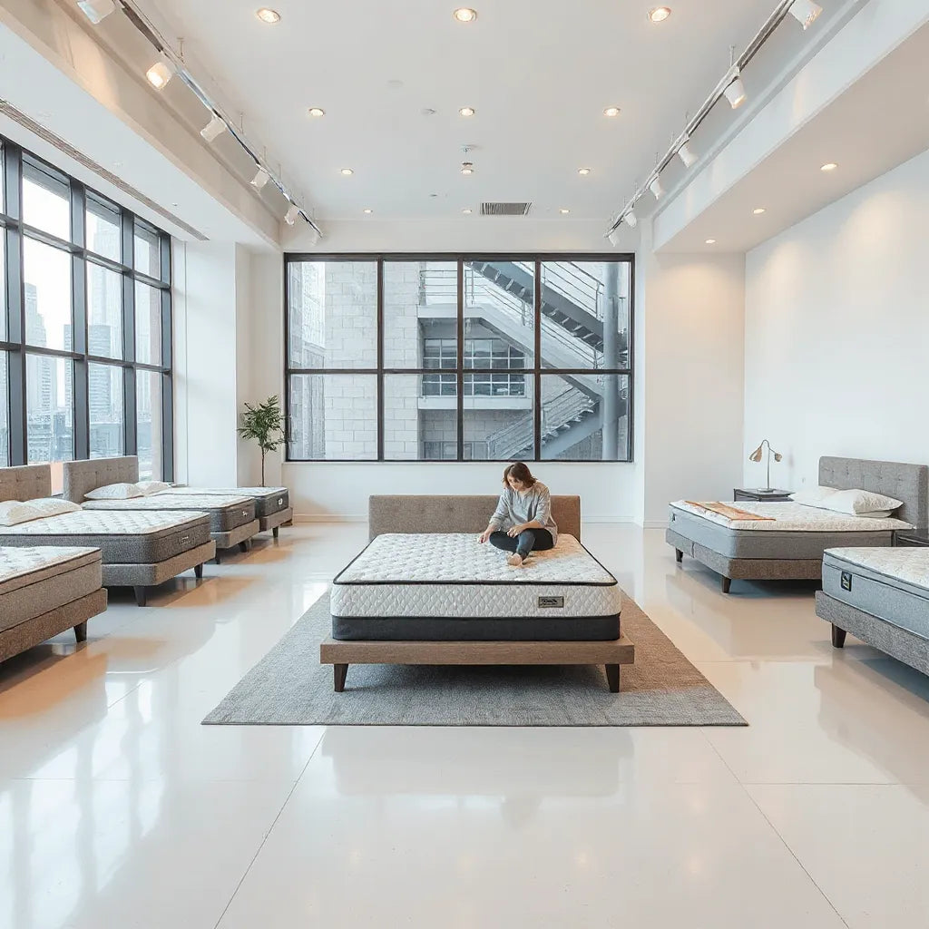 Bright Midtown Manhattan mattress showroom with neatly arranged beds and a shopper evaluating comfort