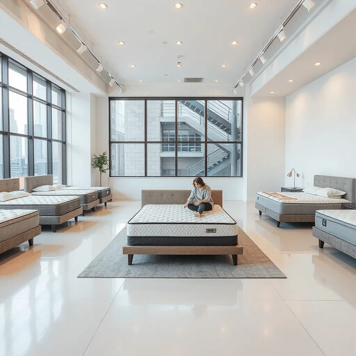 Bright Midtown Manhattan mattress showroom with neatly arranged beds and a shopper evaluating comfort