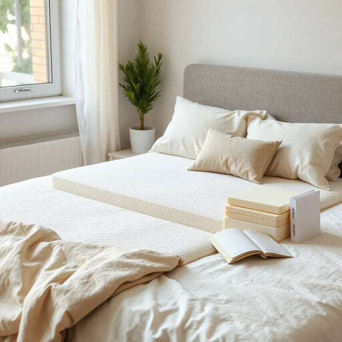 Layered foam mattress on a neatly made bed with simple foam swatches beside it
