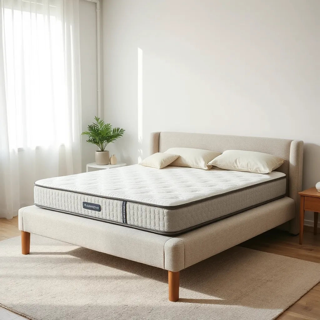 Luxury memory foam mattress on a modern bed with neutral bedding and soft natural daylight